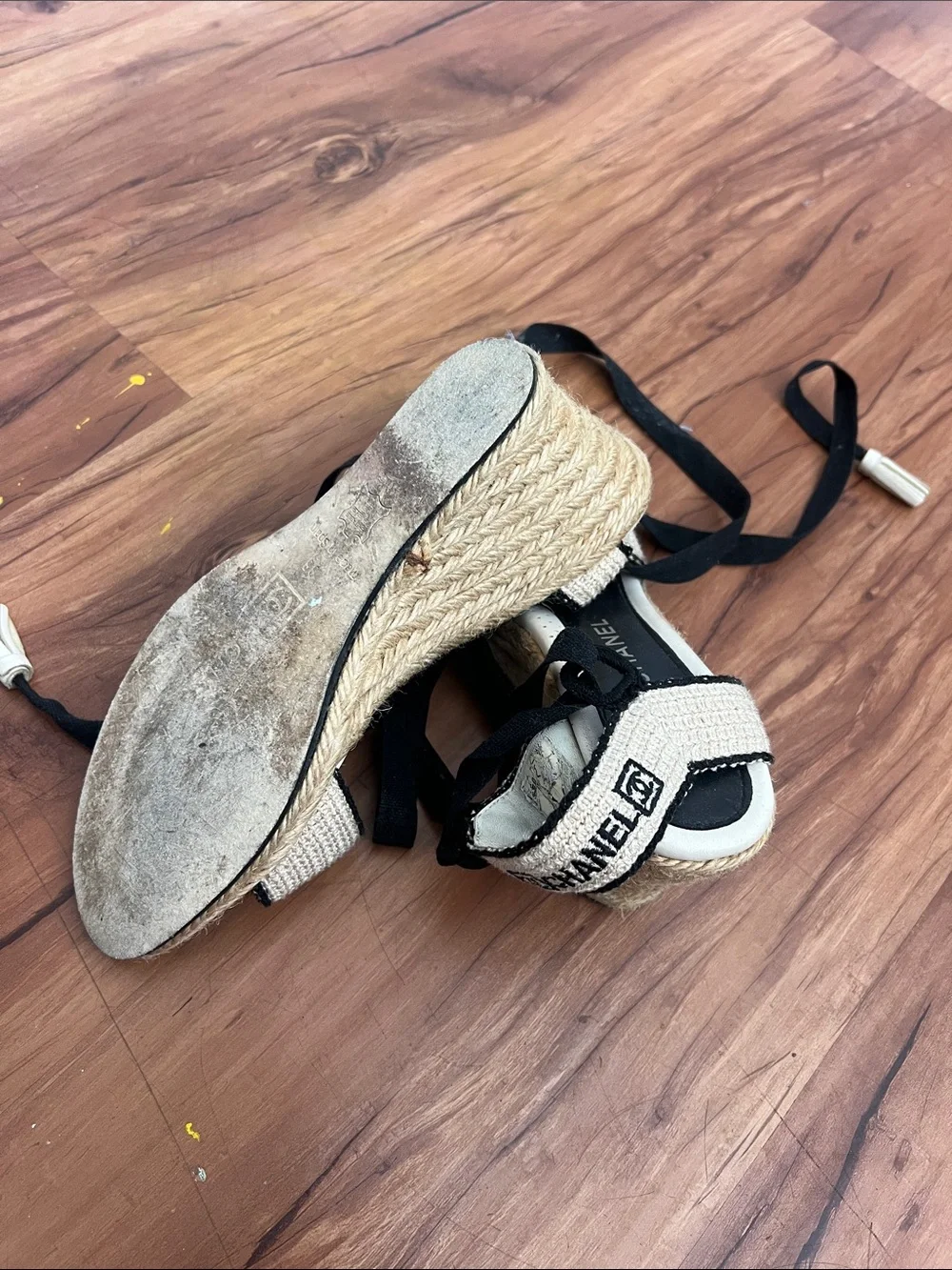 CHANEL Cream and Black Espadrille Sandals with Ankle Ties